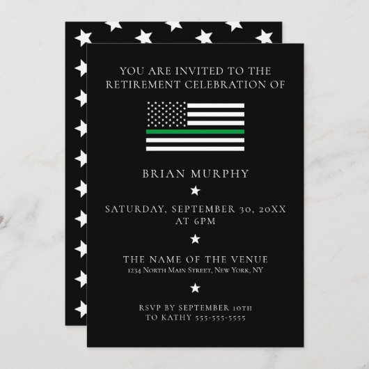 細い緑の線の軍隊フラグ廃棄パーティー 招待状 (正面/裏面)