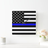 細い線の青いフラグ スクエア壁時計 (ホーム)