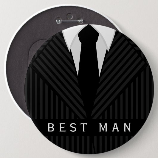 細い縦縞のスーツのバチュラーパーティの花婿介添人円形Pin 缶バッジ (正面&裏面)