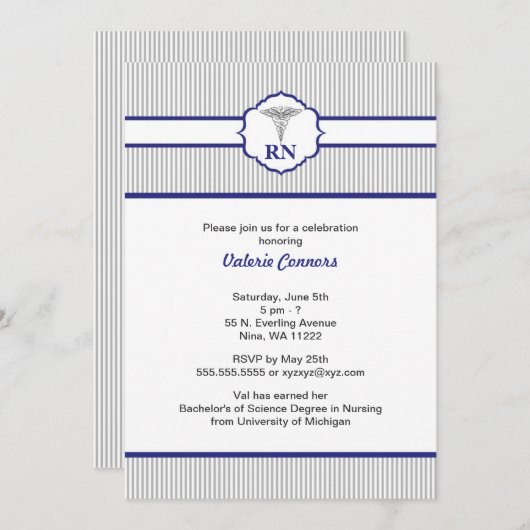 細い縦縞のナースの卒業のお祝いの招待 招待状 (正面/裏面)