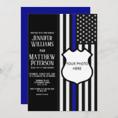 細い青い線のバッジ写真の挿入 招待状 (正面/裏面)