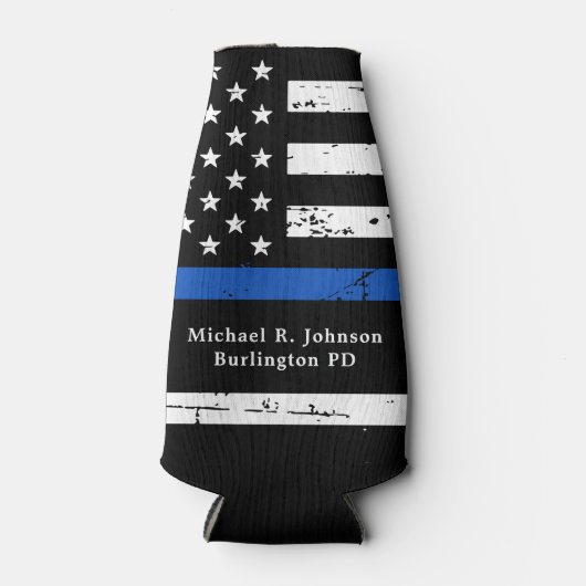 細い青い線パーソナライズされた旗の警察官 ボトルクーラー (正面)