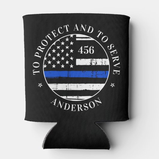 細い青い線パーソナライズされた旗の警察官 缶クーラー (裏面)