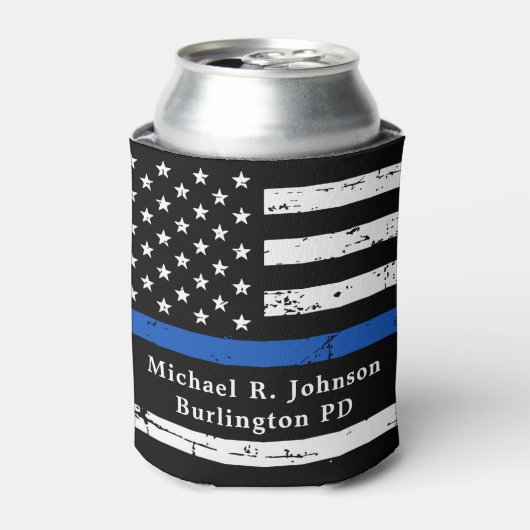 細い青い線パーソナライズされた旗の警察官 缶クーラー (缶正面)