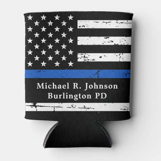 細い青い線パーソナライズされた旗の警察官 缶クーラー (正面)