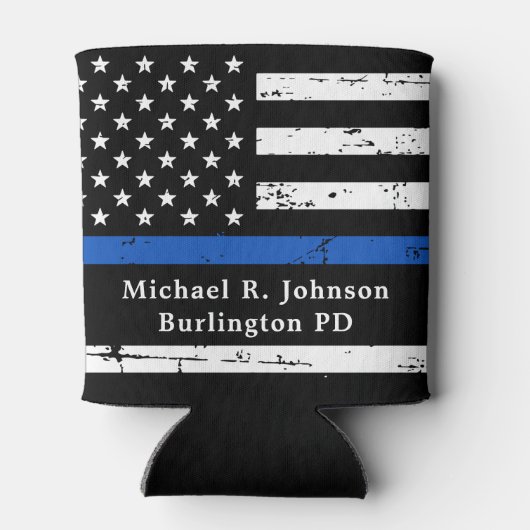 細い青い線パーソナライズされた旗の警察官 缶クーラー (裏面)
