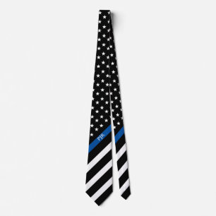 細い青い線警察アメリカ国旗モノグラム ネクタイ