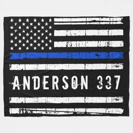 細い青パーソナライズされた線警察旗 フリースブランケット (正面(横))