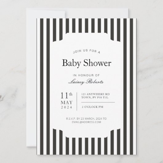 細い黒と白の垂直キャンディストライプ 招待状 (正面)