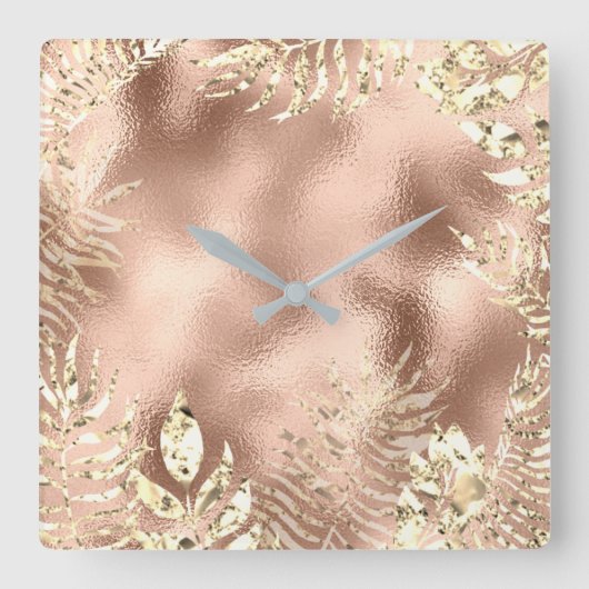 細いChampaigneの金色やし自由章の葉の金属の赤面 スクエア壁時計 (正面)