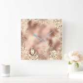 細いChampaigneの金色やし自由章の葉の金属の赤面 スクエア壁時計 (ホーム)