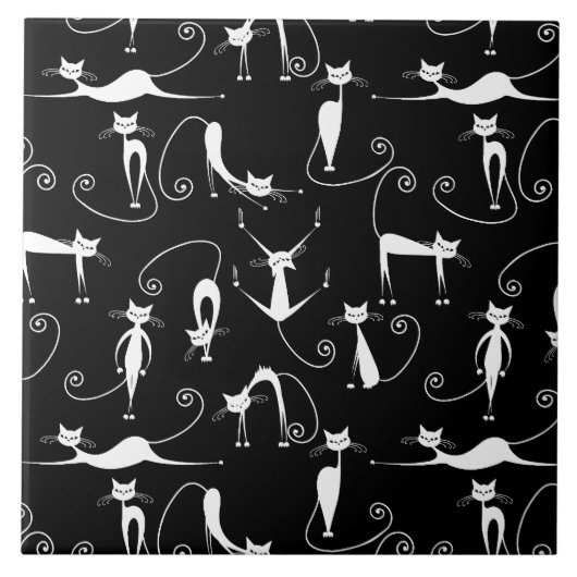 細お洒落い白猫の柄 タイル (正面)