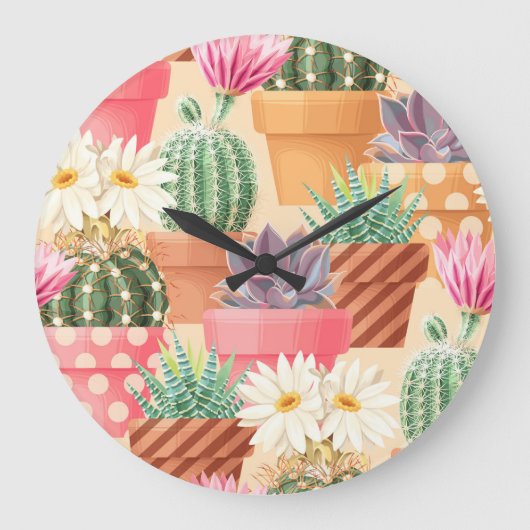細かい吸汁性とサボテンのシームレスなパターン。 ラージ壁時計 (正面)