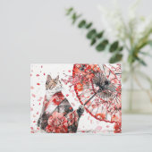 細かい着物を着た芸者の猫は優雅に着飾る ポストカード (スタンド正面)