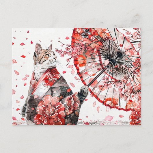 細かい着物を着た芸者の猫は優雅に着飾る ポストカード (正面)