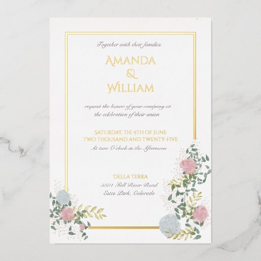 細かく繁栄した結婚式招待状と金ゴールド 箔招待状 (正面)