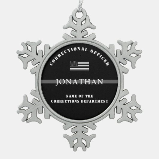 細パーソナライズされた銀線矯正官 スノーフレークピューターオーナメント (正面)