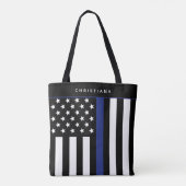 細パーソナライズされた青ライン旗警察官 トートバッグ (裏面)