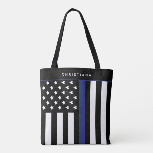 細パーソナライズされた青ライン旗警察官 トートバッグ (裏面)