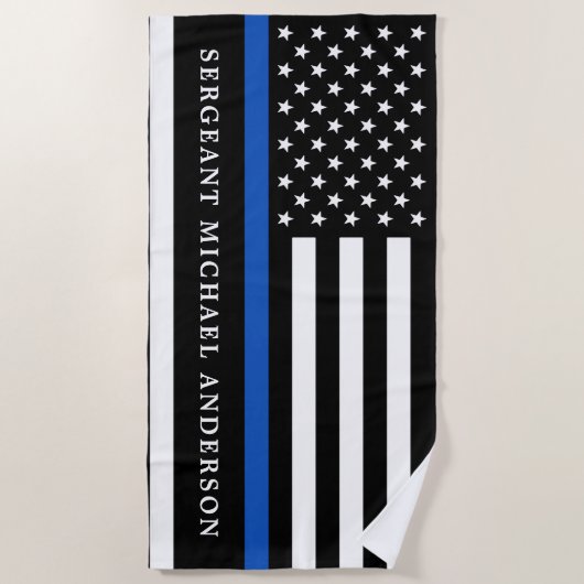 細モダン青の線パーソナライズされた警官 ビーチタオル (正面)