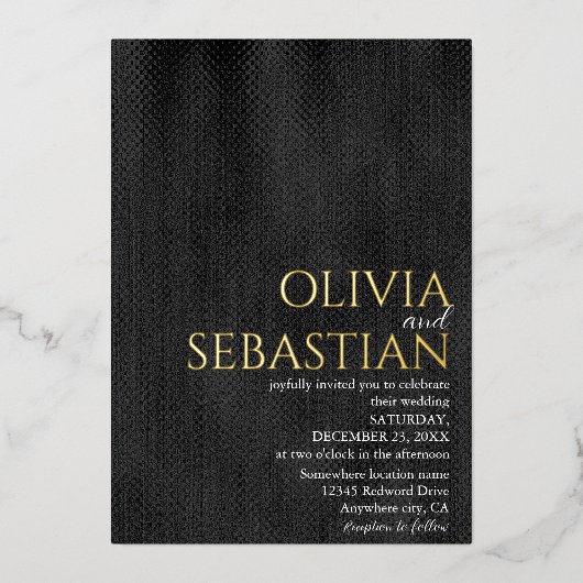 細モダン黒ミニマルテクスチャ結婚ズ 箔招待状 (正面)
