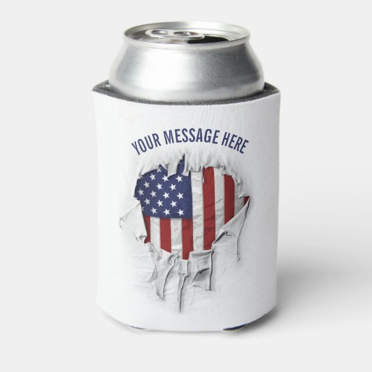 細断され、裂かれ、引き裂かれた米国国旗のクーラーボックス 缶クーラー (缶裏面)