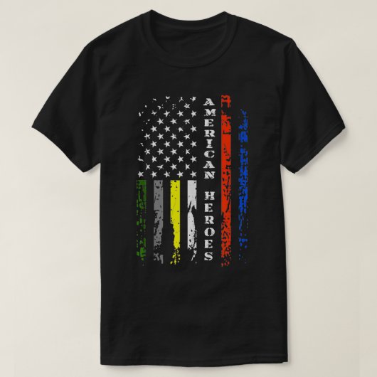 細線ファースト・レスポンダー愛国的アメリカ国旗 Tシャツ (デザイン正面)