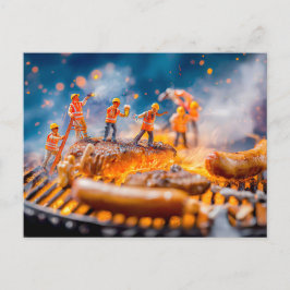 細身の労働者がソーセージとポークチョップを焼く シーズンポストカード