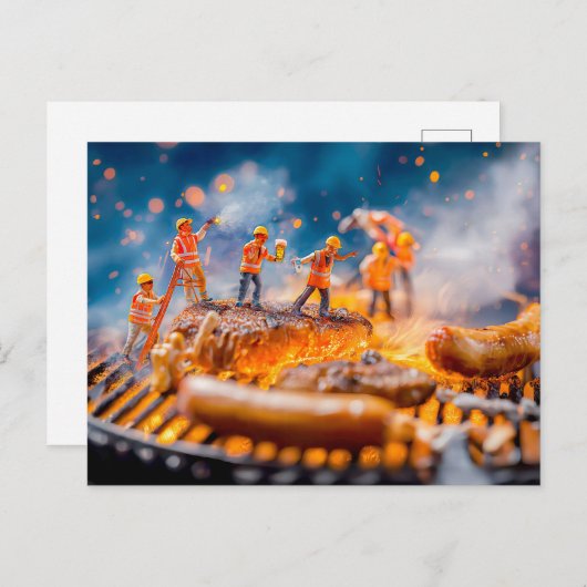 細身の労働者がソーセージとポークチョップを焼く シーズンポストカード (正面/裏面)