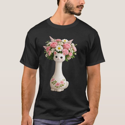 細長い首とピンクの花の猫の花瓶 Tシャツ (正面)