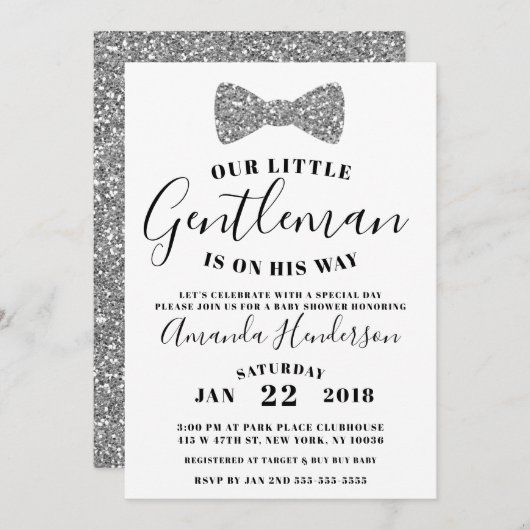 紳士ベビーシャワー招待状シルバーフェイク 招待状 (正面/裏面)