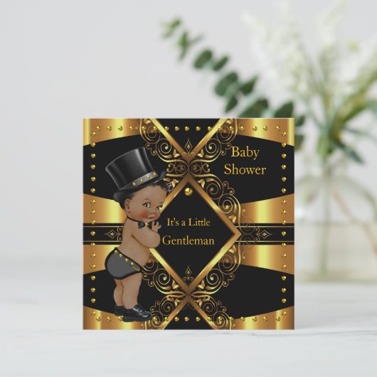 紳士ベビーシャワー金ゴールドボーイトファートエスニック 招待状 (スタンド正面)