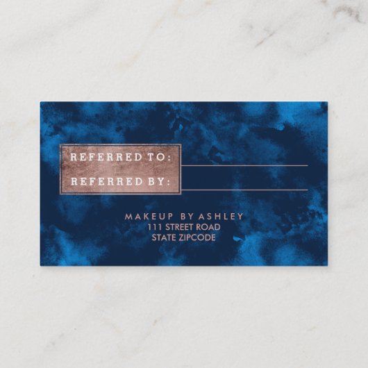 紹介のばら色の金ゴールドのタイポグラフィの濃紺の水彩画 紹介カード (裏面)