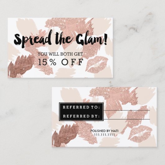 紹介カード魅力的なタイポグラフィの唇のばら色の金ゴールドのブラシ 紹介カード (正面/裏面)