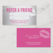 紹介カード|モダンな銀及びピンクのメーキャップアーティスト 紹介カード (正面/裏面)