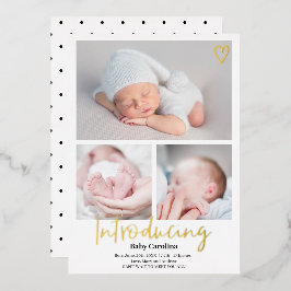 紹介モダン白黒3枚ベビー誕生 箔招待状