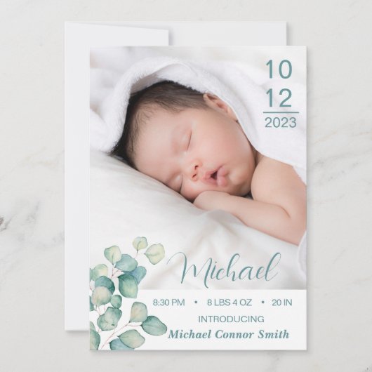紹介新生児生まれたばかりのボーイ誕生統計フォト 案内状 (正面)