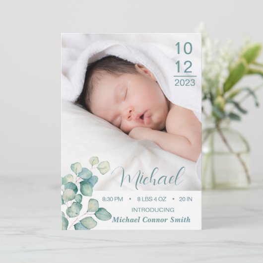 紹介新生児生まれたばかりのボーイ誕生統計フォト 案内状 (スタンド正面)