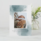 紹介。エレガント水彩青ベビー誕生 案内状 (スタンド正面)