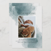 紹介。エレガント水彩青ベビー誕生 案内状 (正面/裏面)