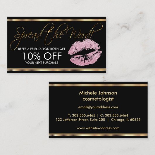 紹介-ピンクのグリッターの口紅ビジネス 紹介カード (正面/裏面)