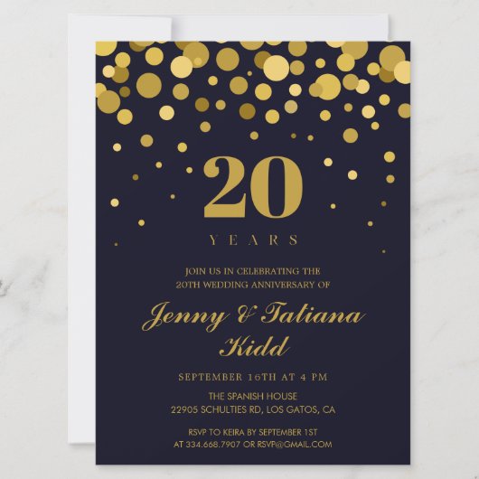紺とゴールドの結婚20周年記念 招待状 (正面)