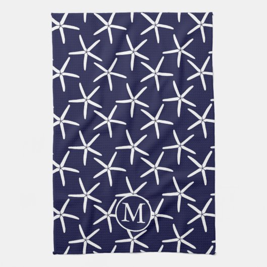紺地に白いヒトデ キッチンタオル (縦)