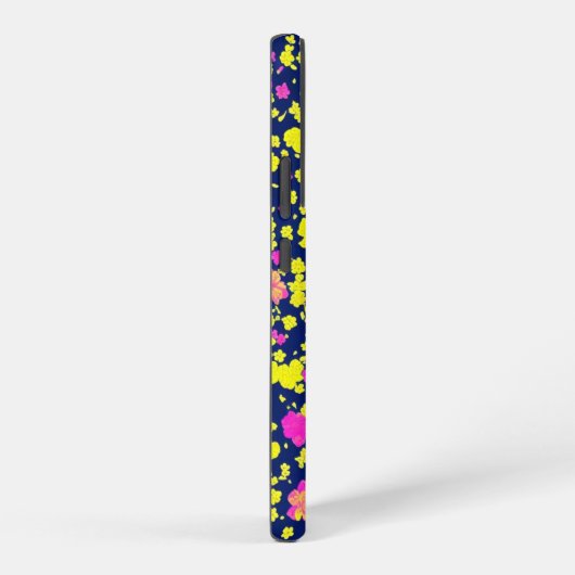 紺地に黄色とピンクの花模様 和風 着物柄 SAMSUNG GALAXYケース (右側面)