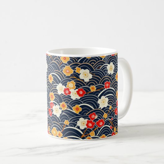紺碧の日本波梅の花柄 コーヒーマグカップ (正面右)