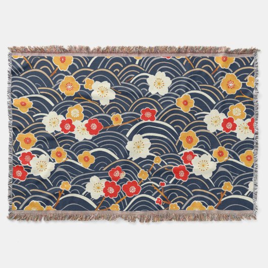 紺碧の日本波梅の花柄 スローブランケット (正面)