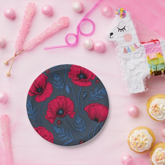 紺色のケシとレディバグ ペーパープレート (パーティー)