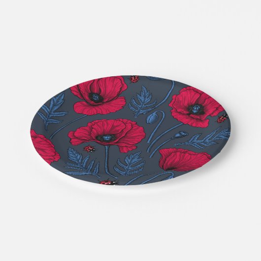 紺色のケシとレディバグ ペーパープレート (アングル)