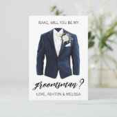 紺色のスーツのデザインがおしゃれな、友人への結婚式サプライズグリーティングカード 招待状 (スタンド正面)