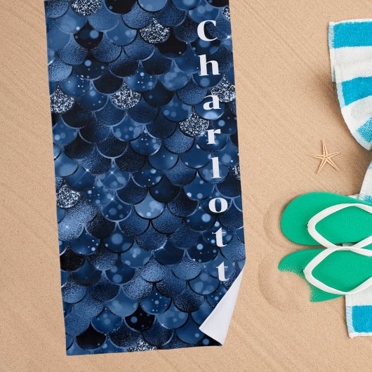 紺色の人魚はかりで測名 ビーチタオル